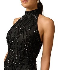 Adrianna Evening by Adrianna Papell Lace Sequins Halter High Neck Sleeveless Sheath Mini Dress