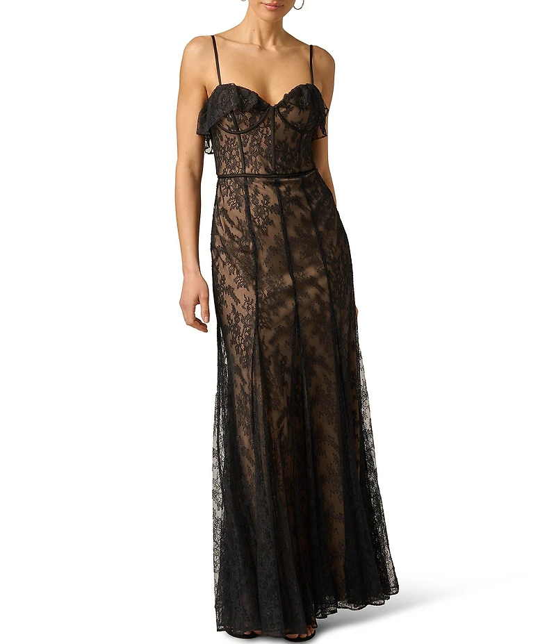 Adrianna Evening by Adrianna Papell Long Lace Dress With Godet Skirt