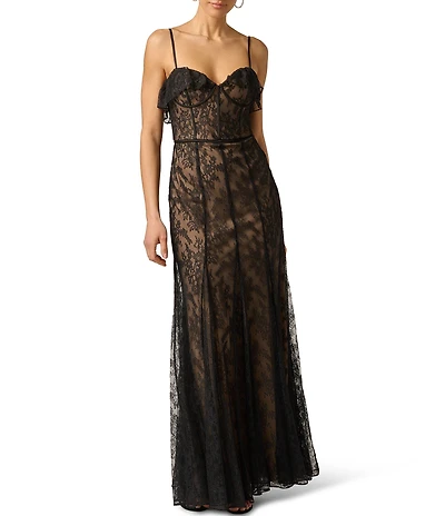 Adrianna Evening by Adrianna Papell Long Lace Dress With Godet Skirt