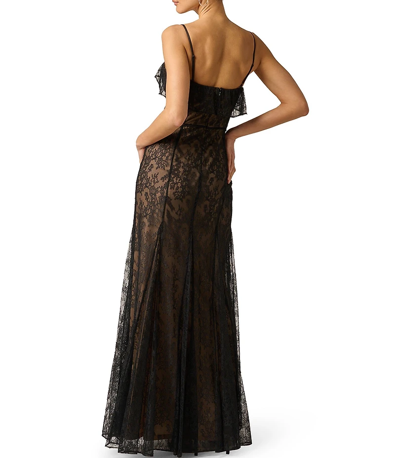 Adrianna Evening by Adrianna Papell Long Lace Dress With Godet Skirt