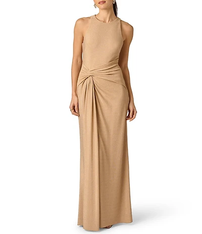 Adrianna Evening by Adrianna Papell Metallic Knit Long Dress With Skirt Drape