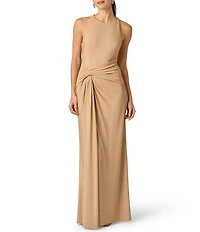 Adrianna Evening by Adrianna Papell Metallic Knit Long Dress With Skirt Drape