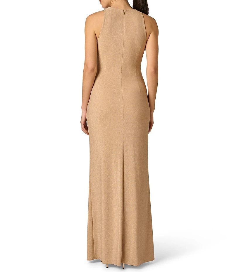 Adrianna Evening by Adrianna Papell Metallic Knit Long Dress With Skirt Drape