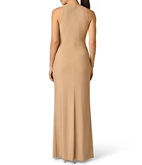 Adrianna Evening by Adrianna Papell Metallic Knit Long Dress With Skirt Drape