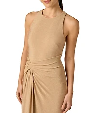 Adrianna Evening by Adrianna Papell Metallic Knit Long Dress With Skirt Drape