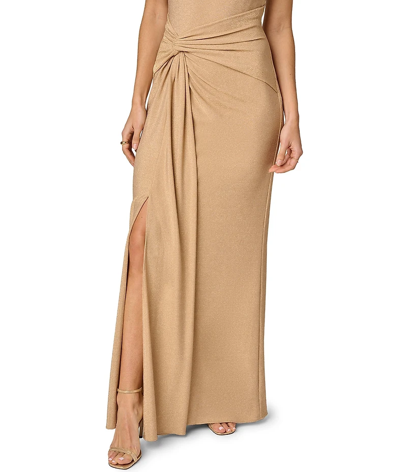 Adrianna Evening by Adrianna Papell Metallic Knit Long Dress With Skirt Drape