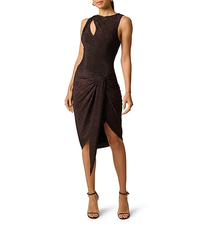 Adrianna Evening by Adrianna Papell Metallic Novelty Knit Keyhole Neck Sleeveless Mini Sheath Dress