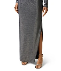 Adrianna Evening by Adrianna Papell Metallic Novelty Knit One Shoulder Long Sleeve Sheath Long Dress
