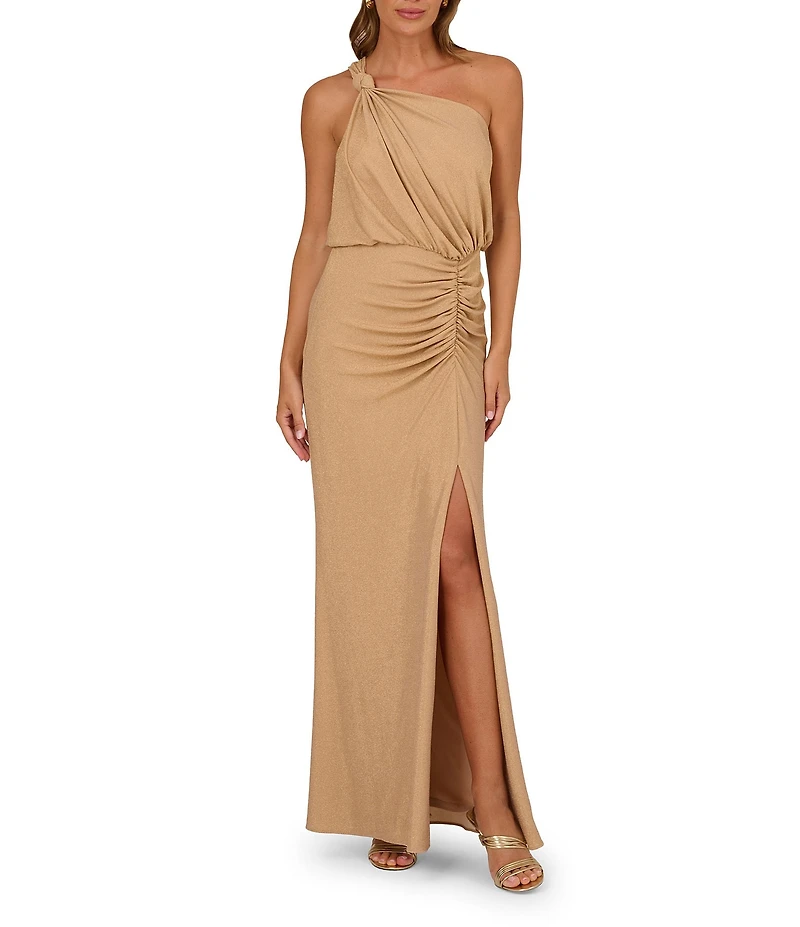 Adrianna Evening By Adrianna Papell Metallic Novelty Knit One Shoulder Neckline A-Line Long Dress