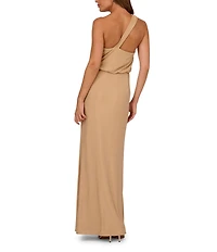 Adrianna Evening By Adrianna Papell Metallic Novelty Knit One Shoulder Neckline A-Line Long Dress
