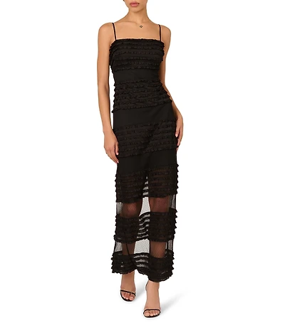 Adrianna Evening By Adrianna Papell Novelty Knit Square Neck Sleeveless Ruffle Mesh Sheer Skirt Maxi Dress
