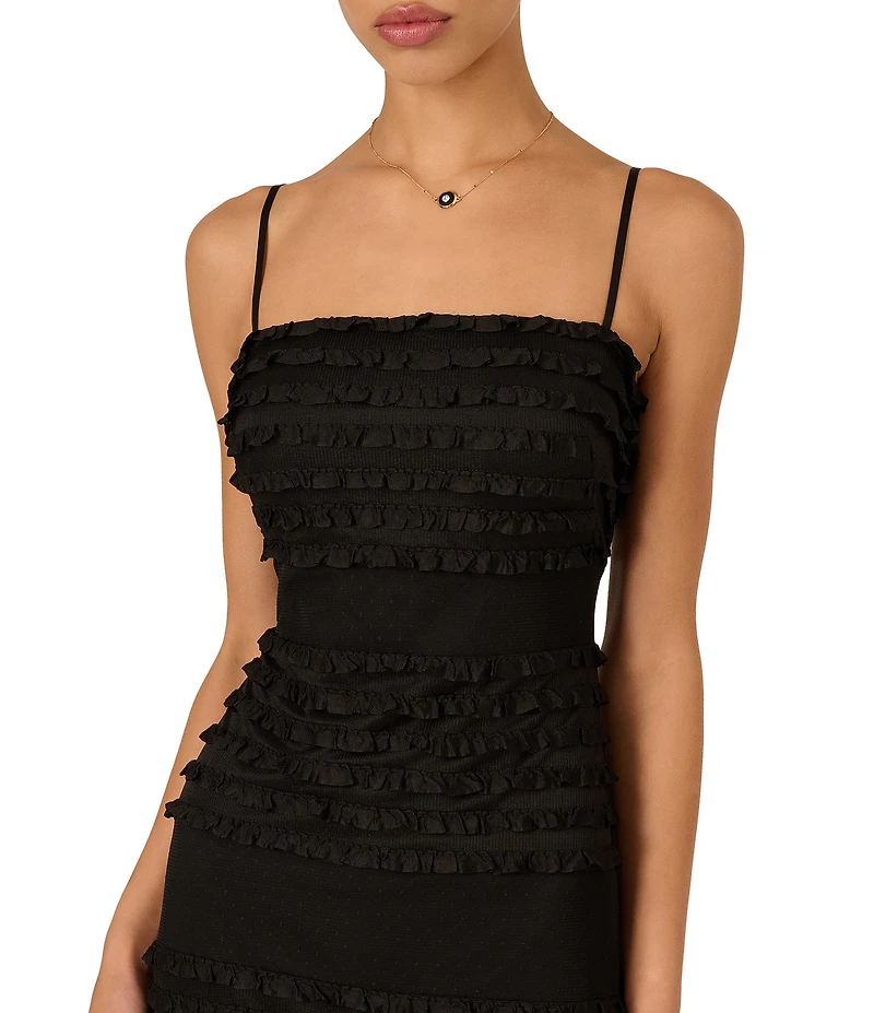 Adrianna Evening By Adrianna Papell Novelty Knit Square Neck Sleeveless Ruffle Mesh Sheer Skirt Maxi Dress