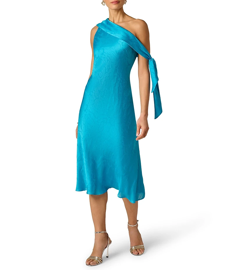 Adrianna Evening by Adrianna Papell Off The Shoulder Drape and Tie Jacquard Midi Dress