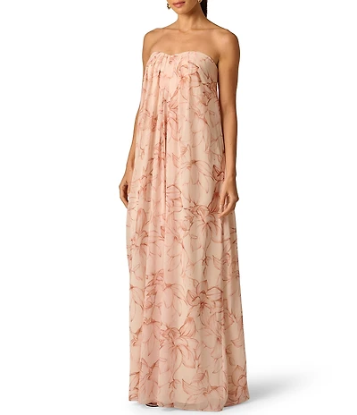 Adrianna Evening by Adrianna Papell Printed Chiffon Long Strapless Dress With Pleats