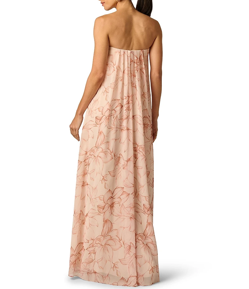 Adrianna Evening by Adrianna Papell Printed Chiffon Long Strapless Dress With Pleats