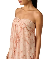 Adrianna Evening by Adrianna Papell Printed Chiffon Long Strapless Dress With Pleats