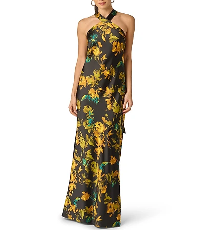 Adrianna Evening by Adrianna Papell Printed Satin Long Dress With Neck Tails