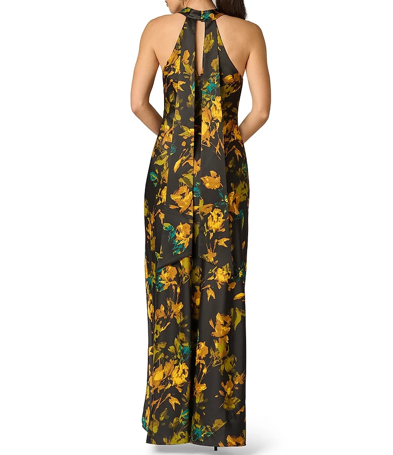 Adrianna Evening by Adrianna Papell Printed Satin Long Dress With Neck Tails