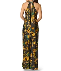 Adrianna Evening by Adrianna Papell Printed Satin Long Dress With Neck Tails