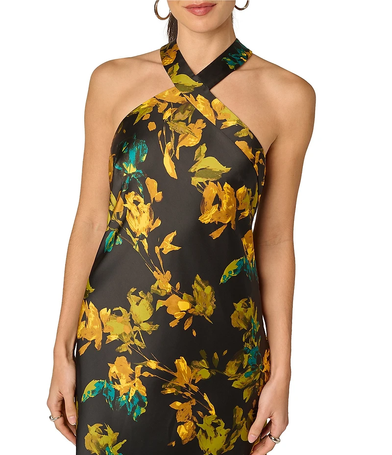 Adrianna Evening by Adrianna Papell Printed Satin Long Dress With Neck Tails