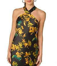 Adrianna Evening by Adrianna Papell Printed Satin Long Dress With Neck Tails