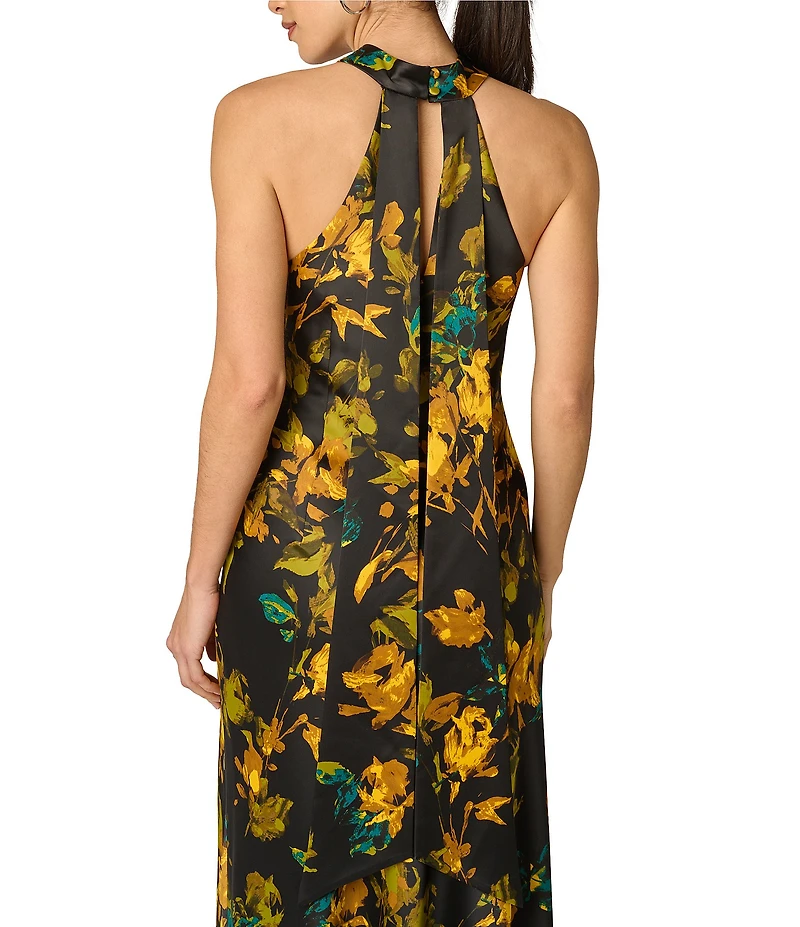 Adrianna Evening by Adrianna Papell Printed Satin Long Dress With Neck Tails
