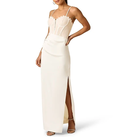 Adrianna Evening by Adrianna Papell Satin And Lace Bustier Bodice Sleeveless Sheath Long Dress