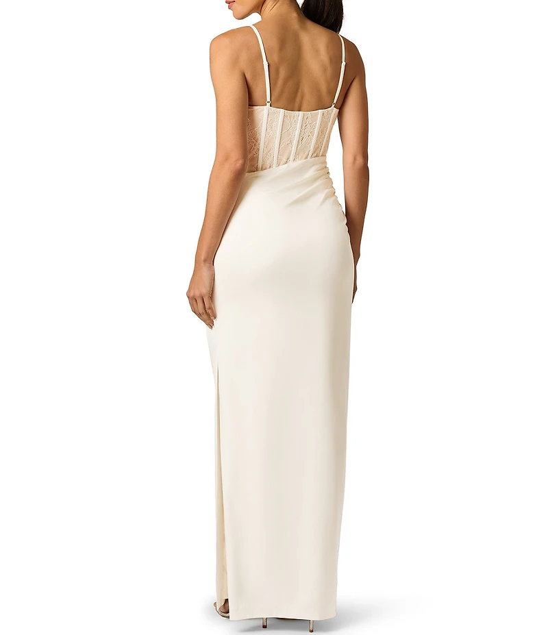 Adrianna Evening by Adrianna Papell Satin And Lace Bustier Bodice Sleeveless Sheath Long Dress