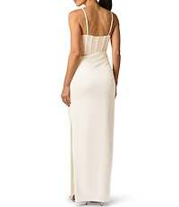Adrianna Evening by Adrianna Papell Satin And Lace Bustier Bodice Sleeveless Sheath Long Dress