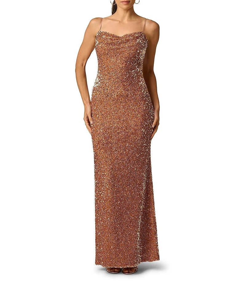 Adrianna Evening by Adrianna Papell Sequin Knit Cowl Neck Sleeveless Long Sheath Dress