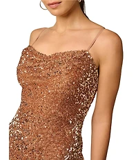 Adrianna Evening by Adrianna Papell Sequin Knit Cowl Neck Sleeveless Long Sheath Dress