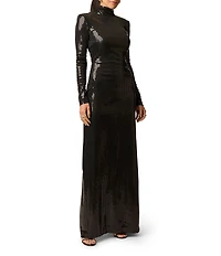 Adrianna Evening by Adrianna Papell Sequins Knit High Neck Long Sleeves Long Sheath Dress