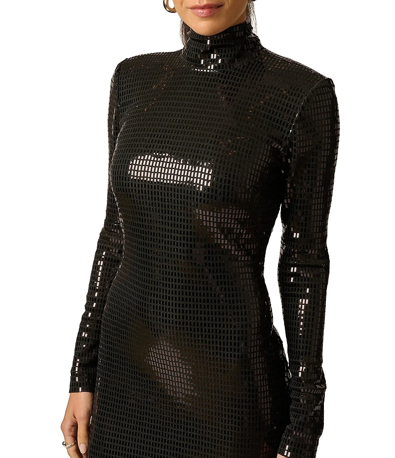Adrianna Evening by Adrianna Papell Sequins Knit High Neck Long Sleeves Long Sheath Dress