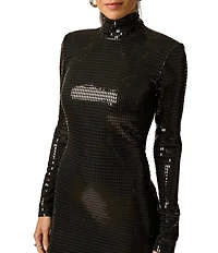 Adrianna Evening by Adrianna Papell Sequins Knit High Neck Long Sleeves Long Sheath Dress