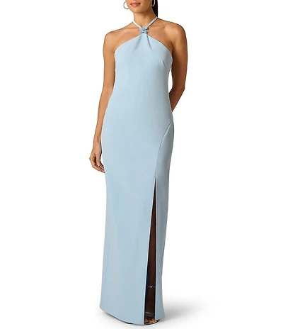 Adrianna Evening by Adrianna Papell Stretch Crepe Long Dress With Flower Applique