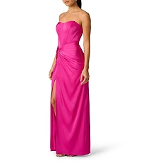 Adrianna Evening by Adrianna Papell Stretch Satin Corset Bodice Strapless Side Slit Sheath Dress