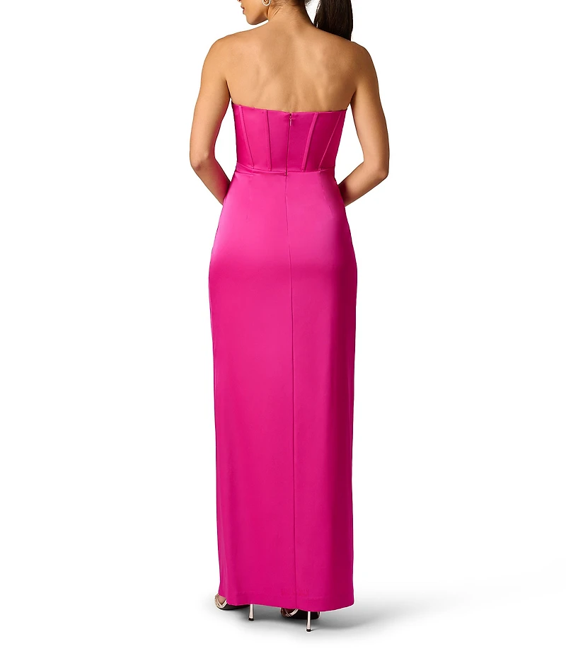 Adrianna Evening by Adrianna Papell Stretch Satin Corset Bodice Strapless Side Slit Sheath Dress