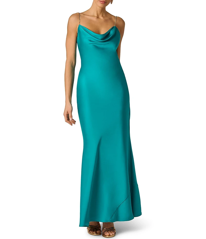 Adrianna Evening by Adrianna Papell Stretch Satin Cowl Neck Beaded Sleevless Straps Sheath Long Dress