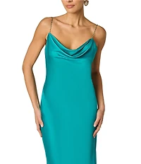 Adrianna Evening by Adrianna Papell Stretch Satin Cowl Neck Beaded Sleevless Straps Sheath Long Dress
