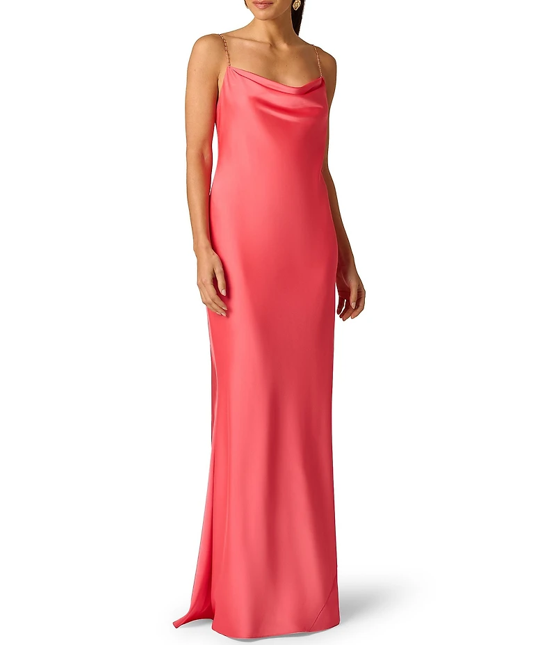 Adrianna Evening by Adrianna Papell Stretch Satin Cowl Neck Beaded Sleevless Straps Sheath Long Dress