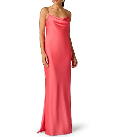 Adrianna Evening by Adrianna Papell Stretch Satin Cowl Neck Beaded Sleevless Straps Sheath Long Dress
