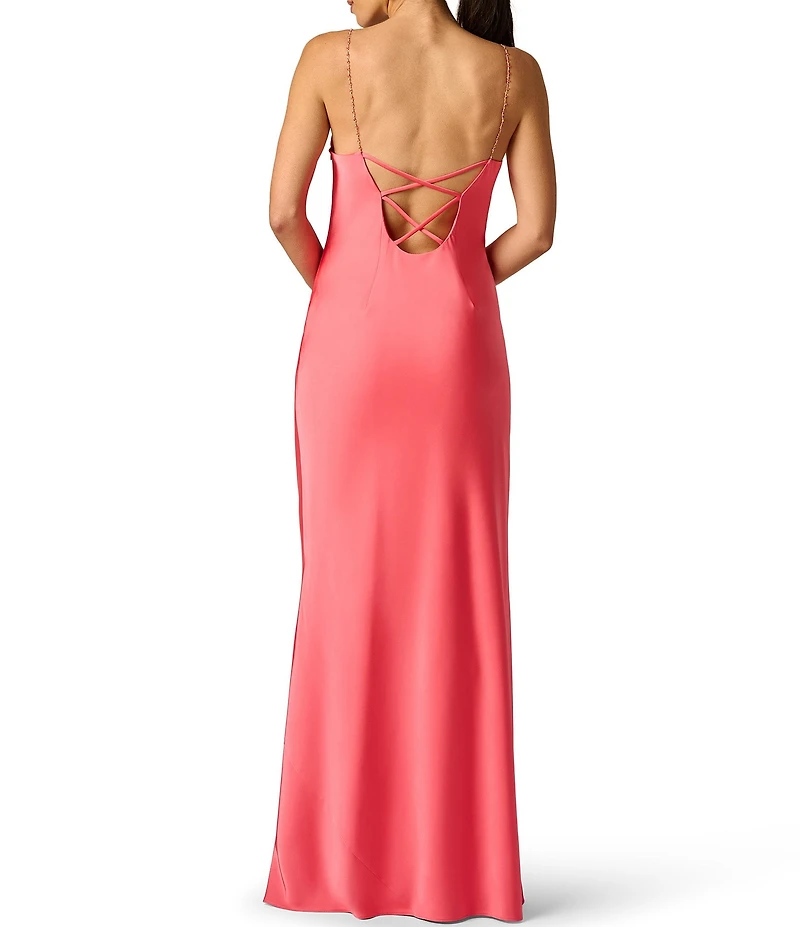 Adrianna Evening by Adrianna Papell Stretch Satin Cowl Neck Beaded Sleevless Straps Sheath Long Dress