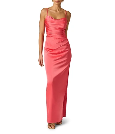 Adrianna Evening by Adrianna Papell Stretch Satin Cowl Neck Sleeveless Slit And Side Rouching Long Dress