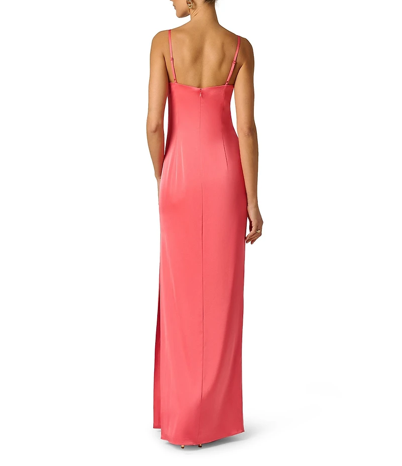 Adrianna Evening by Adrianna Papell Stretch Satin Cowl Neck Sleeveless Slit And Side Rouching Long Dress