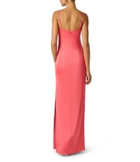 Adrianna Evening by Adrianna Papell Stretch Satin Cowl Neck Sleeveless Slit And Side Rouching Long Dress