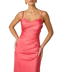 Adrianna Evening by Adrianna Papell Stretch Satin Cowl Neck Sleeveless Slit And Side Rouching Long Dress