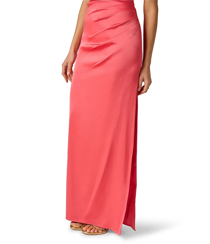 Adrianna Evening by Adrianna Papell Stretch Satin Cowl Neck Sleeveless Slit And Side Rouching Long Dress
