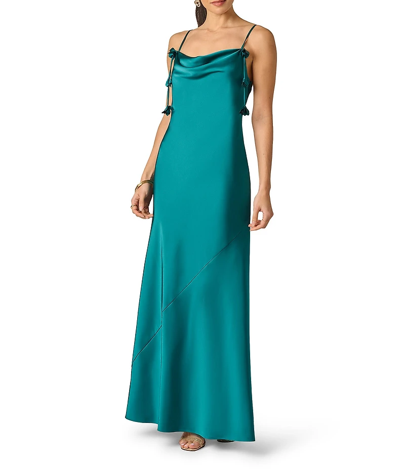 Adrianna Evening by Adrianna Papell Stretch Satin Long Dress With 3D Flower Trims