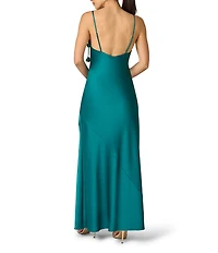 Adrianna Evening by Adrianna Papell Stretch Satin Long Dress With 3D Flower Trims