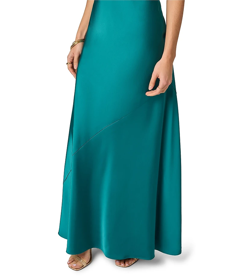 Adrianna Evening by Adrianna Papell Stretch Satin Long Dress With 3D Flower Trims